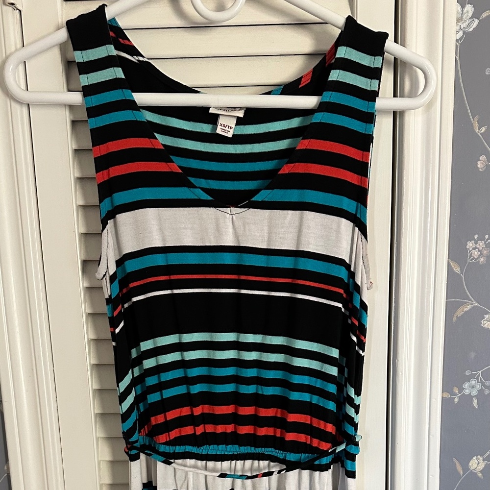 Merona Blue White Red Black Striped V Neck Tank Dress with fabric tie Women's XS